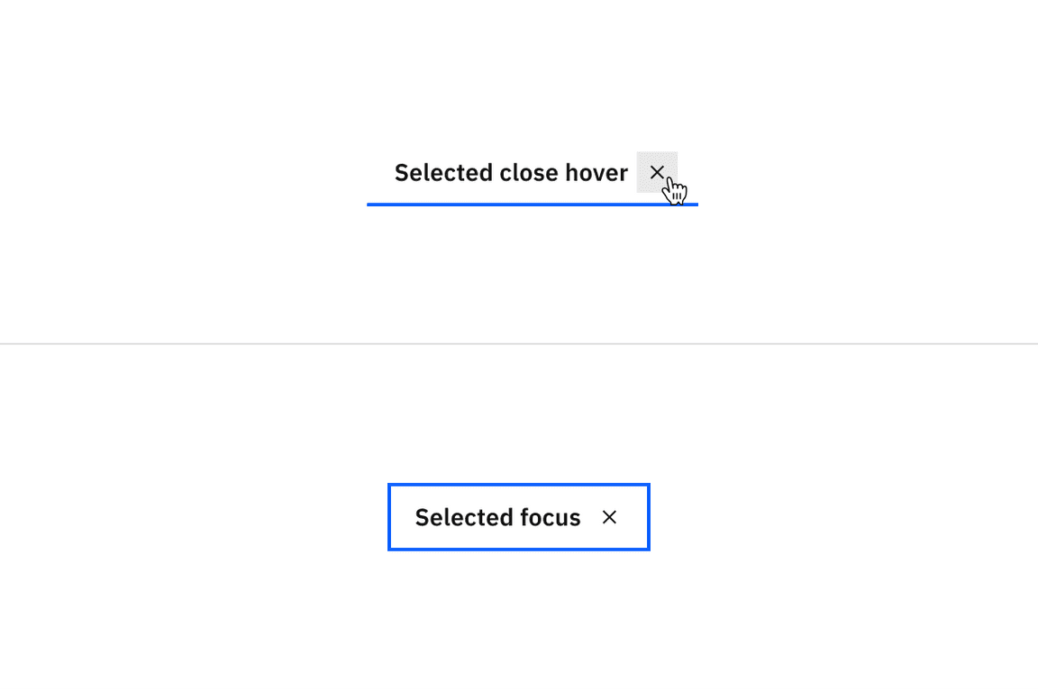 Examples of selected close hover and selected focus states for dismissible line tabs Examples of selected close hover and selected focus states for dismissible line tabs