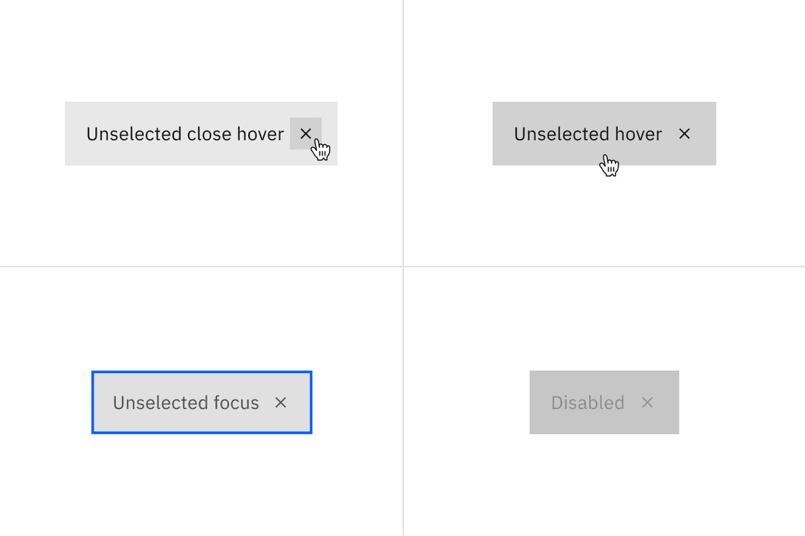 Unselected close hover, unselected hover, unselected focus, and disabled states for dismissible contained
tabs. Unselected close hover, unselected hover, unselected focus, and disabled states for dismissible contained
tabs.