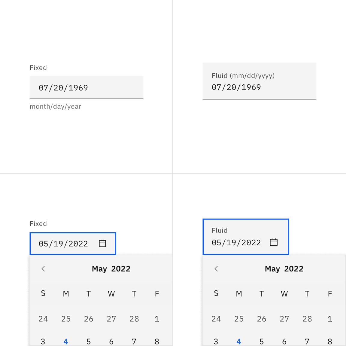 An example of a default and fluid date picker input An example of a default and fluid date picker input