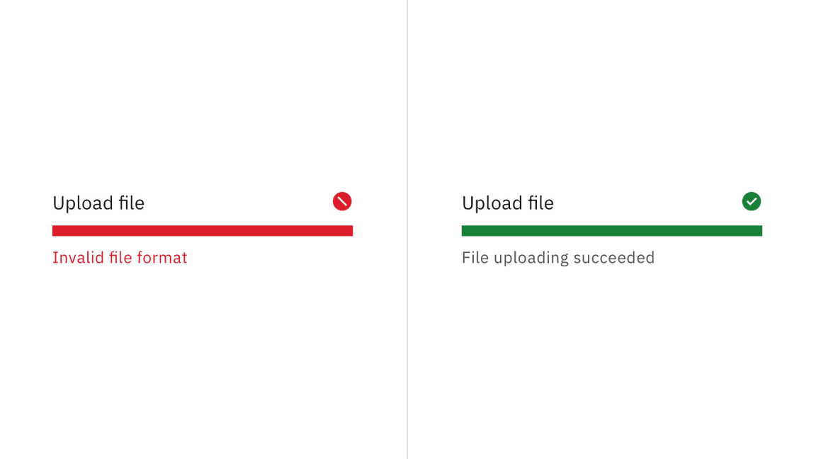 Two progress bars respectively in error and successful, show the help text "Invalid file format" and "File uploading succeeded" Two progress bars respectively in error and successful, show the help text "Invalid file format" and "File uploading succeeded"