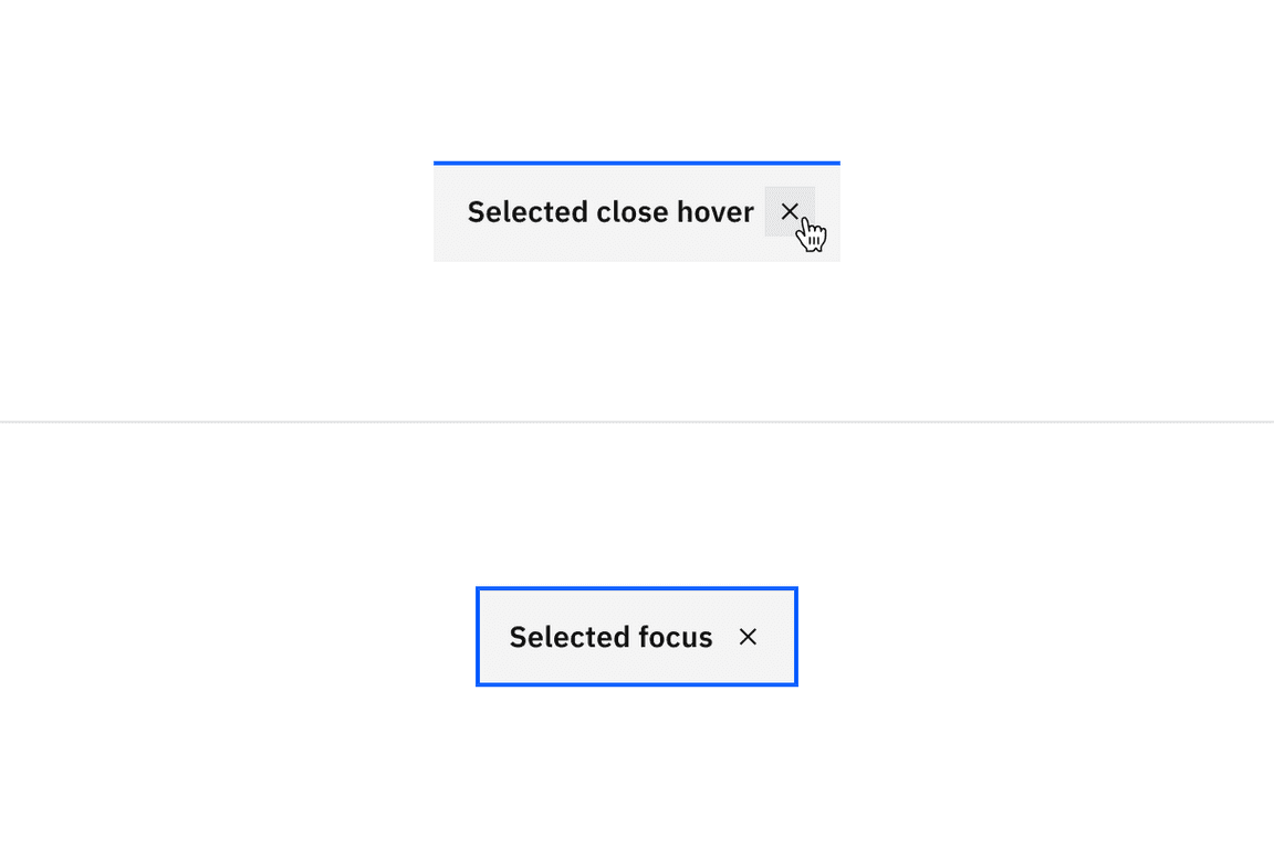 Selected close hover and selected focus states for dismissible contained
tabs. Selected close hover and selected focus states for dismissible contained
tabs.