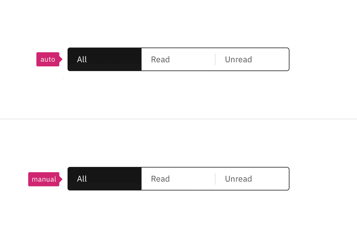 Two content switchers, one with a pink annotation reading "auto", the other with an annotation "manual" Two content switchers, one with a pink annotation reading "auto", the other with an annotation "manual"