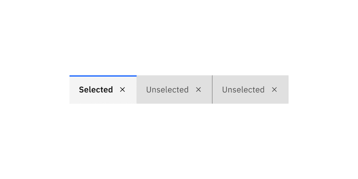 Examples of selected and unselected dismissible contained tabs. Examples of selected and unselected dismissible contained tabs.